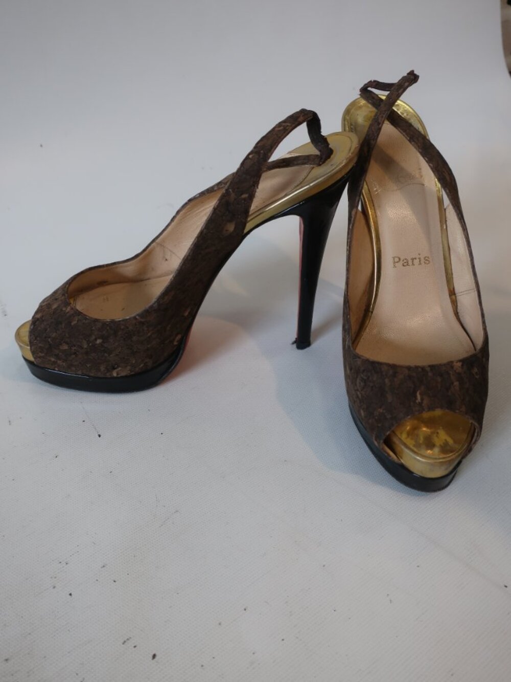 Authentic Christian Louboutin Catenita Brn Cork Patent Slingback Heel 39 US/8.5